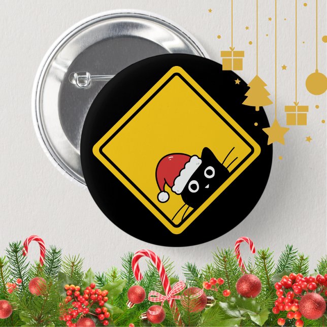 Schwarzes hinterlistiges Weihnachtsmann-Katze-US-W Button (Von Creator hochgeladen)
