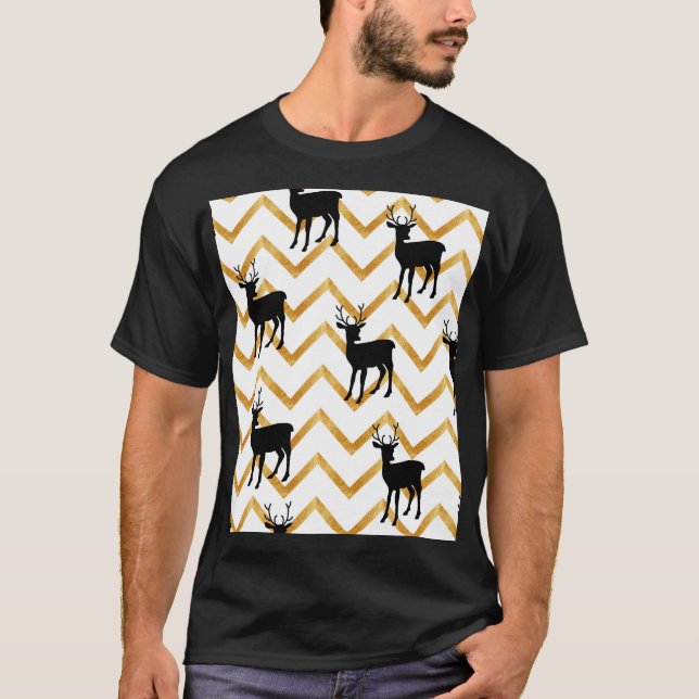 Schwarzes Hirsch, goldenes Muster. T-Shirt (Vorderseite)