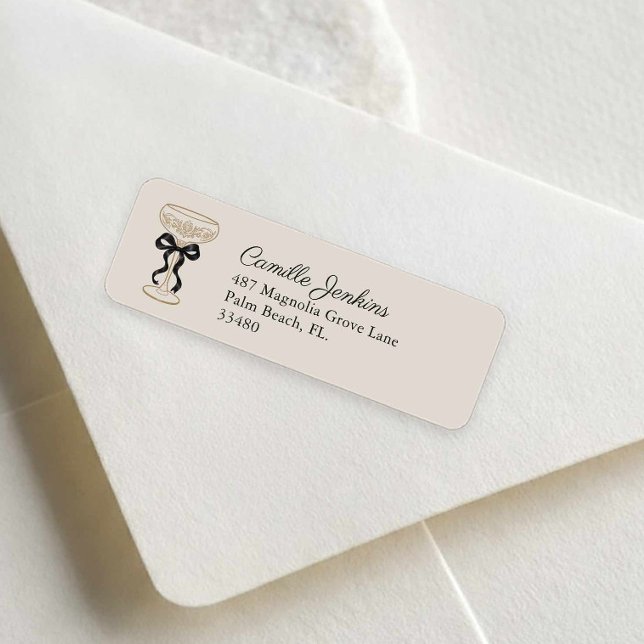 Schwarzes Hochzeits-Rücksendeetikett mit Schleife (Bubbly Bridal Shower Return Address Label)