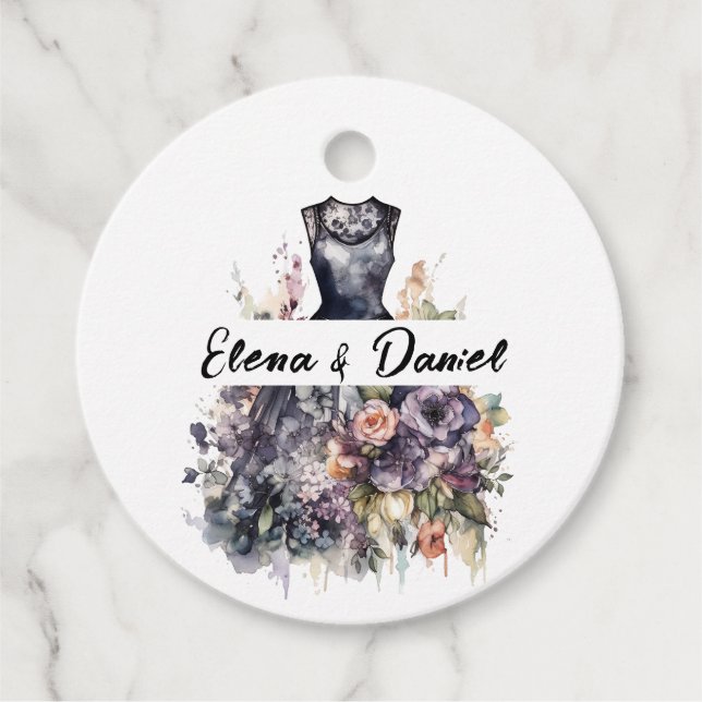 Schwarzes Hochzeitskleid Aquarellfarben-Pink-Laven Geschenkanhänger (Vorderseite)