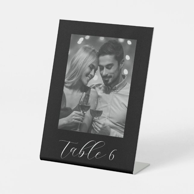 Schwarzes Hochzeitsstich Tischnummer Schwarz-Weiß- Sockelschild (Vorderseite)