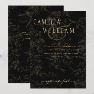 Schwarzes Hochzeitsthema im Vintage-Gold-Damaskus- Einladung