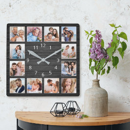 Schwarzes Holz Custom Foto Collage Elegant Quadratische Wanduhr
