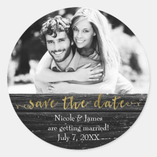 Schwarzes Holz SAVE THE DATE Glam Rustikale Hochze Runder Aufkleber