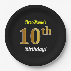 Schwarzes, Imitat-Gold10. Geburtstag + Pappteller