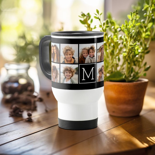 Schwarzes Instagramm-FotoCollage Benutzerdefiniert Reisebecher (Personalized travel mug - add photos and text or customize completely)