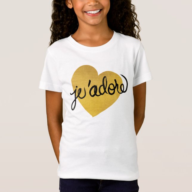 Schwarzes J'adore Zitat-| u. Goldherz T-Shirt (Vorderseite)