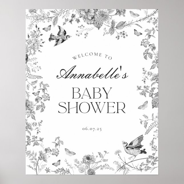 Schwarzes Jouy-Blumen-Babyshower-Willkommensschild Poster (Vorne)