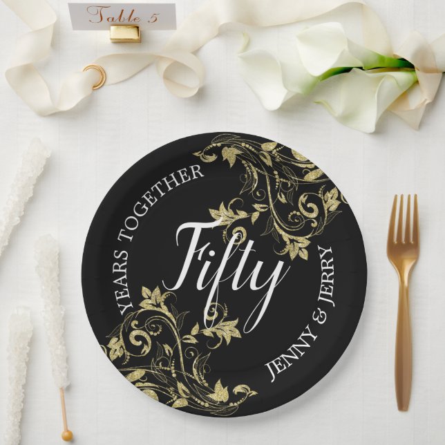 Schwarzes Jubiläumspapier mit goldenen Blume Pappteller (Hochzeit)