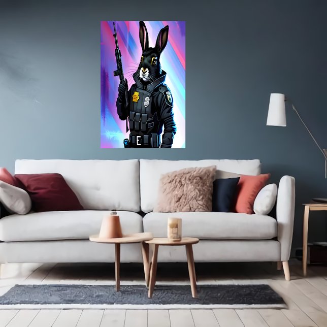Schwarzes Kaninchen mit Polizeiuniform | Art der A Poster (Von Creator hochgeladen)