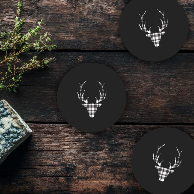Schwarzes Karo Hirsch Weihnachten  Runder Pappuntersetzer (rustic elegant christmas coaster. black plaid deer design)