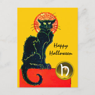 SCHWARZES KATZ-HALLOWEEN-PARTY-MONOGRAMM EINLADUNGSPOSTKARTE