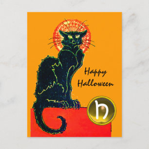 SCHWARZES KATZ-HALLOWEEN-PARTY-MONOGRAMM EINLADUNGSPOSTKARTE