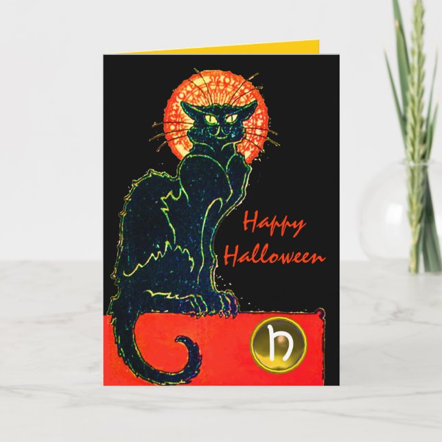 SCHWARZES KATZ-HALLOWEEN-PARTY-MONOGRAMM KARTE (Vorderseite)