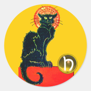 SCHWARZES KATZ-HALLOWEEN-PARTY-MONOGRAMM RUNDER AUFKLEBER