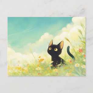 Schwarzes Kätzchen auf sonniger Sommerwiese voller Postkarte