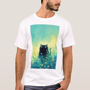 Schwarzes Kätzchen Blumenfantasie T-Shirt