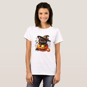 Schwarzes Kätzchen im Halloween-Kürbis T-Shirt