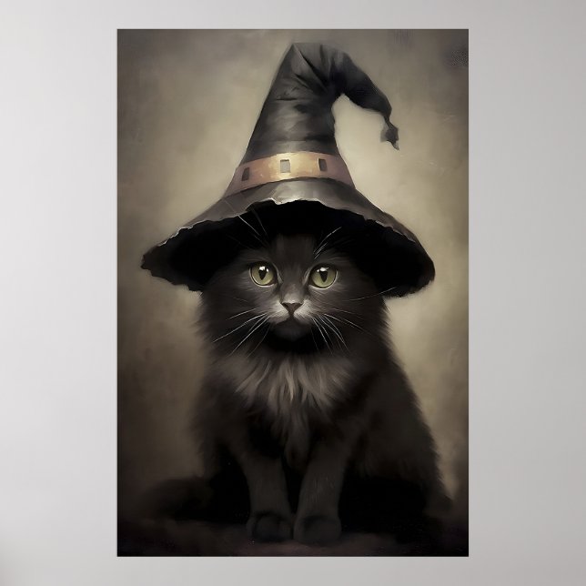 Schwarzes Kätzchen in einem Hexenhut-Druck, Hallow Poster (Vorne)