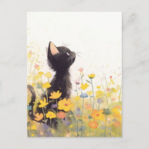 Schwarzes Kätzchen in gelber Wildblumen-Sommermatt Postkarte