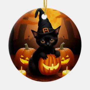 Schwarzes Kätzchen in Hexenhut zwischen Halloween- Keramik Ornament