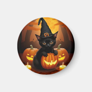 Schwarzes Kätzchen in Hexenhut zwischen Halloween- Magnet