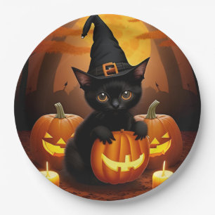 Schwarzes Kätzchen in Hexenhut zwischen Halloween- Pappteller