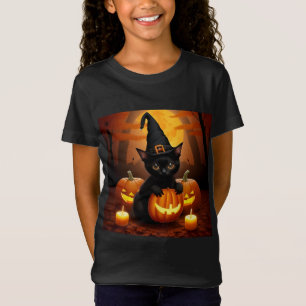 Schwarzes Kätzchen in Hexenhut zwischen Halloween- T-Shirt