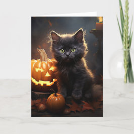 Schwarzes Kätzchen mit KürbisHalloween Feiertagskarte