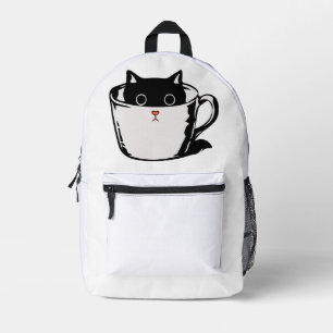 Schwarzes Kätzchen mit roter Nase, das sich in ein Bedruckter Rucksack