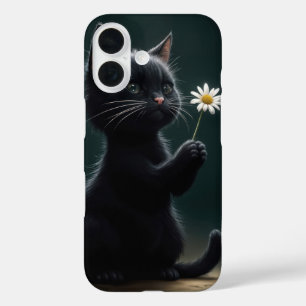 Schwarzes Kätzchen mit weißer Daisy iPhone 16 Hülle