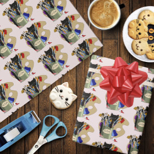 Schwarzes Kätzchen Pinselglas Künstler Katze Rosa Geschenkpapier