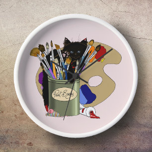 Schwarzes Kätzchen Pinselglas Künstler Katze Rosa Uhr