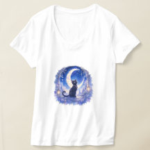 Schwarzes Katze-Halbmond-T-Shirt
