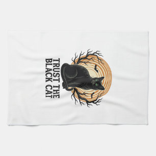 Schwarzes Katze Halloween-Shirt Vintage Gruselmond Geschirrtuch