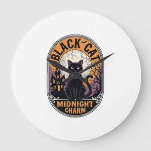 Schwarzes Katze Halloween-Shirt Vintage Midnight C Große Wanduhr