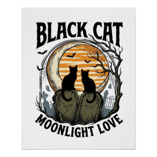 Schwarzes Katze Halloween-Shirt Vintage Mond Fried Poster