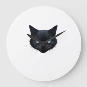 Schwarzes Katzen-Gesicht Blaue Augen Grafik T-Shir Große Wanduhr