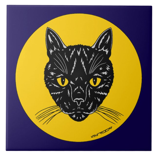 Schwarzes Katzen Gesicht Fliese (Vorderseite)