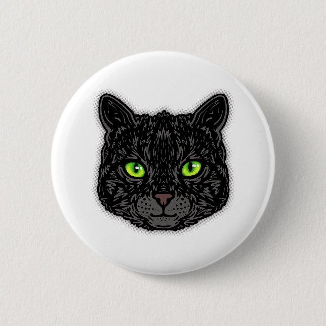 Schwarzes Katzen Gesicht mit grünen Augen trendige Button (Vorderseite)