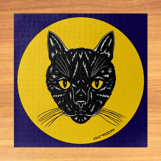 Schwarzes Katzen Gesicht Puzzle (Black Cat Face Puzzle on Table)