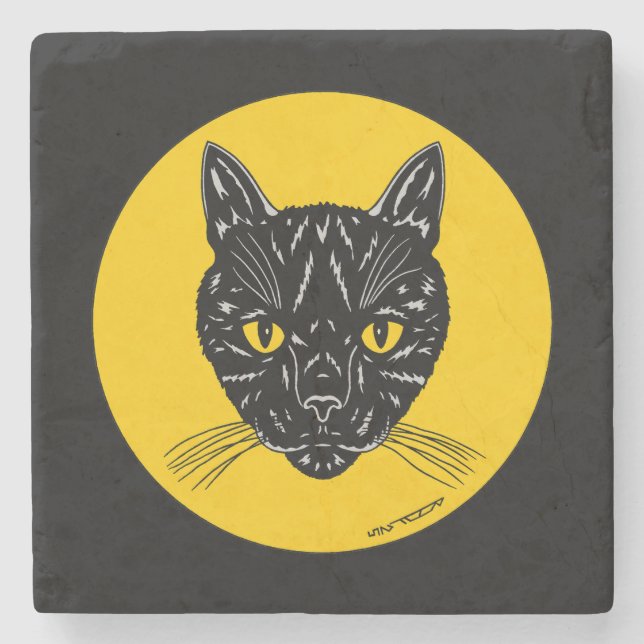 Schwarzes Katzen Gesicht Steinuntersetzer (Vorderseite)