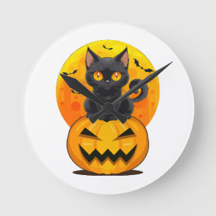 Schwarzes Katzen-Kürbis-Halloween-Kostüm Runde Wanduhr