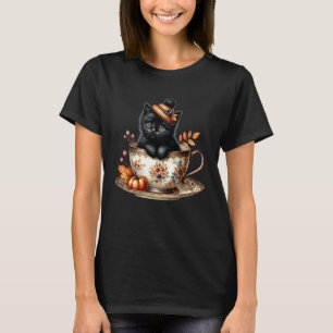 Schwarzes Katzenkätzchen in floraler Kaffeetasse S T-Shirt