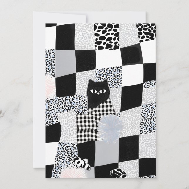 Schwarzes Katzenmuster Gingham gemischtes Karomust Einladung (Vorderseite)