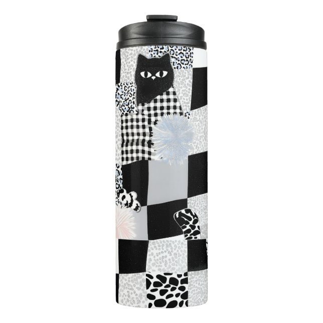 Schwarzes Katzenmuster Gingham gemischtes Karomust Thermosbecher (Vorderseite)