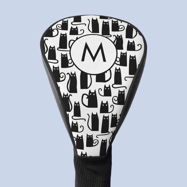 Schwarzes Katzenmuster Monogramm Golf Headcover (Fun black cat black and white monogram initial personalized golf head cover)
