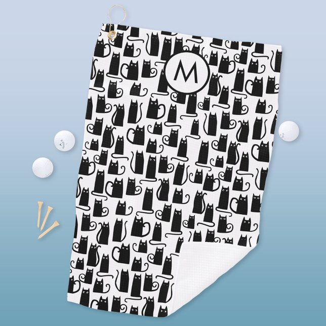 Schwarzes Katzenmuster Monogramm Golfhandtuch (Fun black cat pattern personalized monogram initial golf towel)