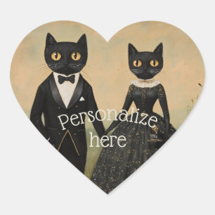 Schwarzes Katzenpaar Vintage-Folk-Art gothic vikto Herz-Aufkleber