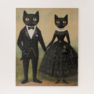 Schwarzes Katzenpaar Vintage-Folk-Art Gothic vikto Puzzle